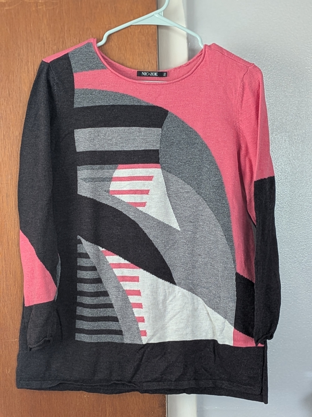 NIC+ZOE Pink, Black & Gray Geometric Crewneck Sweater Size M